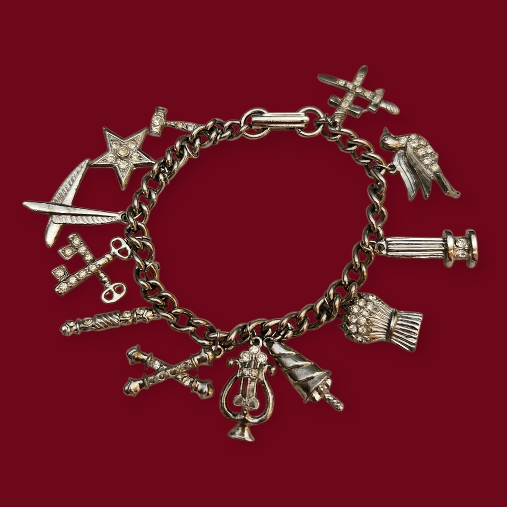 Vtg ORA 1950s Silvertone Order Of The Eastern Star Charm Chain Bracelet